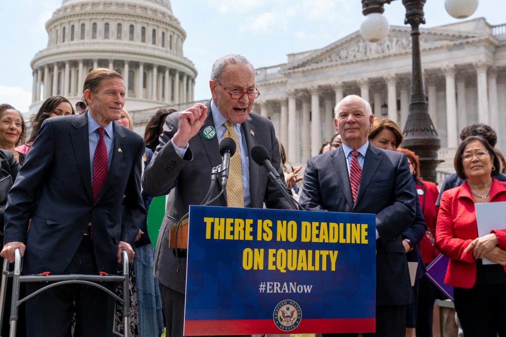 Senate Majority Leader Chuck Schumer, Senators Richard Blumenthal, Ben Cardin and Mazie Hirono at a news conference, advocating for the removal of the Equal Rights Amendment ratification deadline.