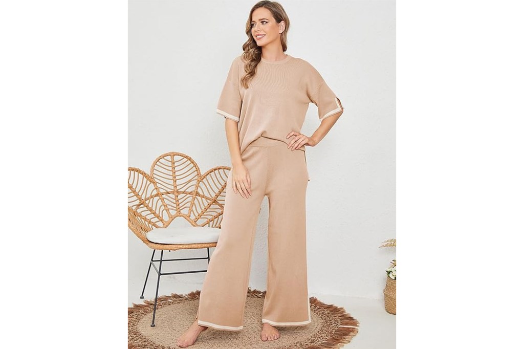 Tanming Sweater Sets Women 2 Piece Lounge Sets Short Sleeve Knit Pullover Tops Wide Leg Pants