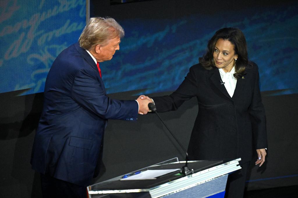 Kamala Harris, US Vice President and Democratic presidential candidate, shaking hands with former US President Donald Trump during a presidential debate in Philadelphia