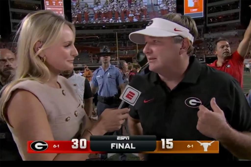 Kirby Smart is interviewed by ESPN after Georgia's win on Oct. 20.