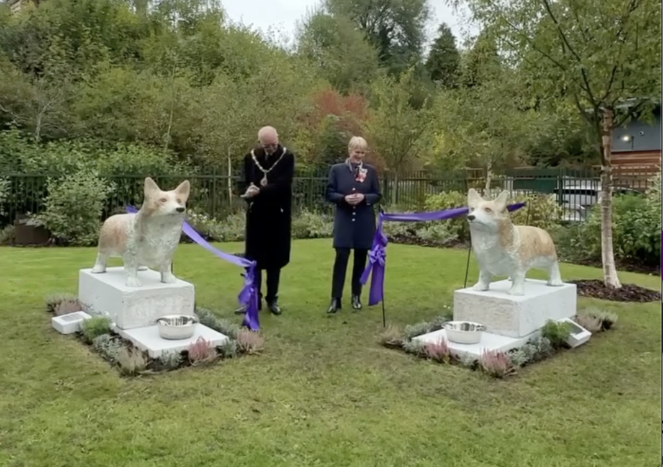 A group of people standing in a grassy area with new corgi statues at Walsall Arboretum, a tribute to Queen Elizabeth II and her beloved dogs.