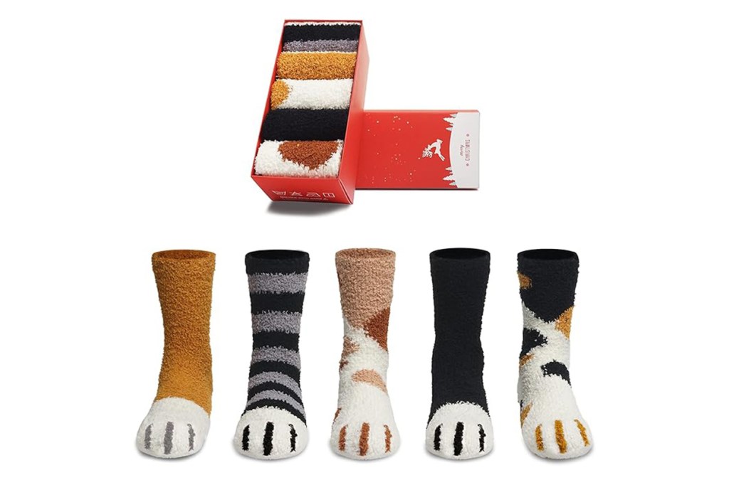 A group of socks alongside a box of socks