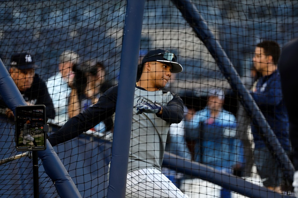 Juan Soto takes batting practice before Game 2 of the ALDS on Oct. 7.