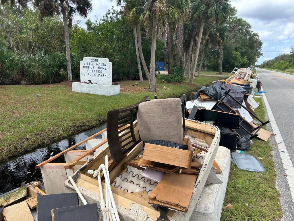 Debris on the side of the road in Ruskin, Florida near Cockroach Bay on Oct. 8, 2024.