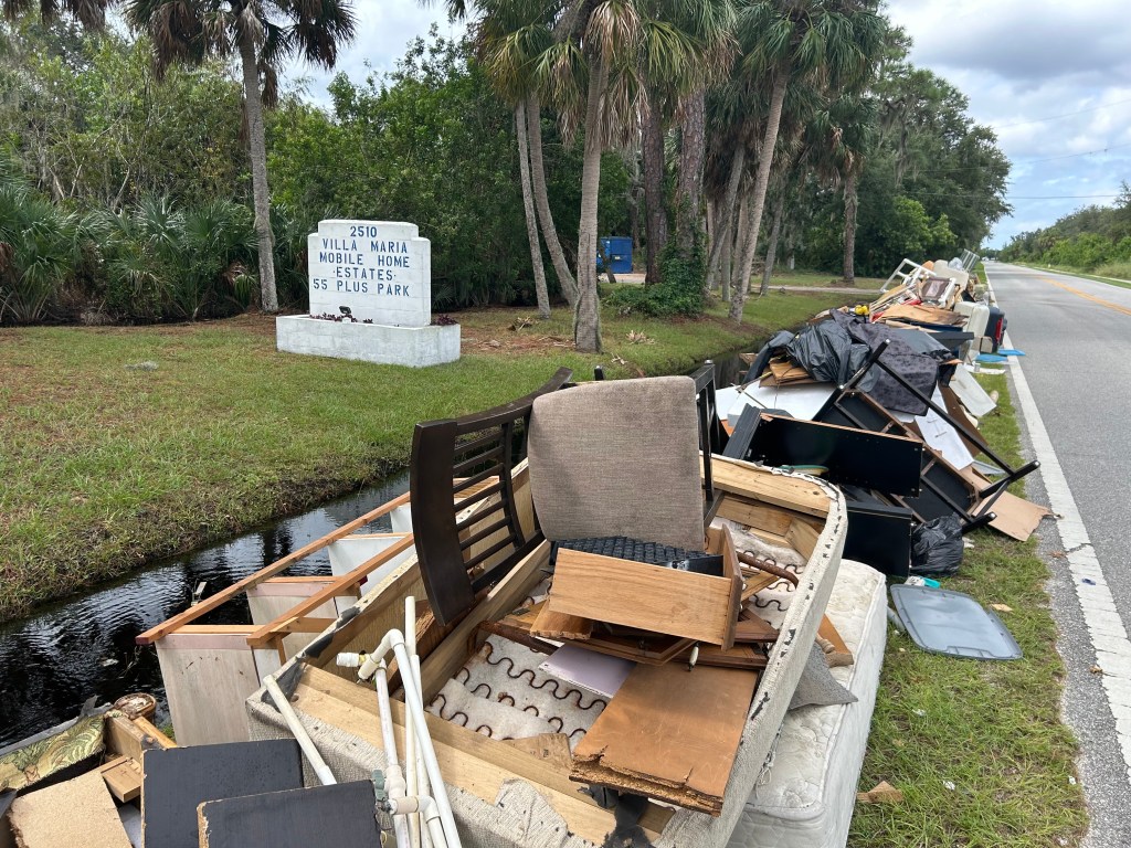 Debris on the side of the road in Ruskin, Florida near Cockroach Bay on Oct. 8, 2024.