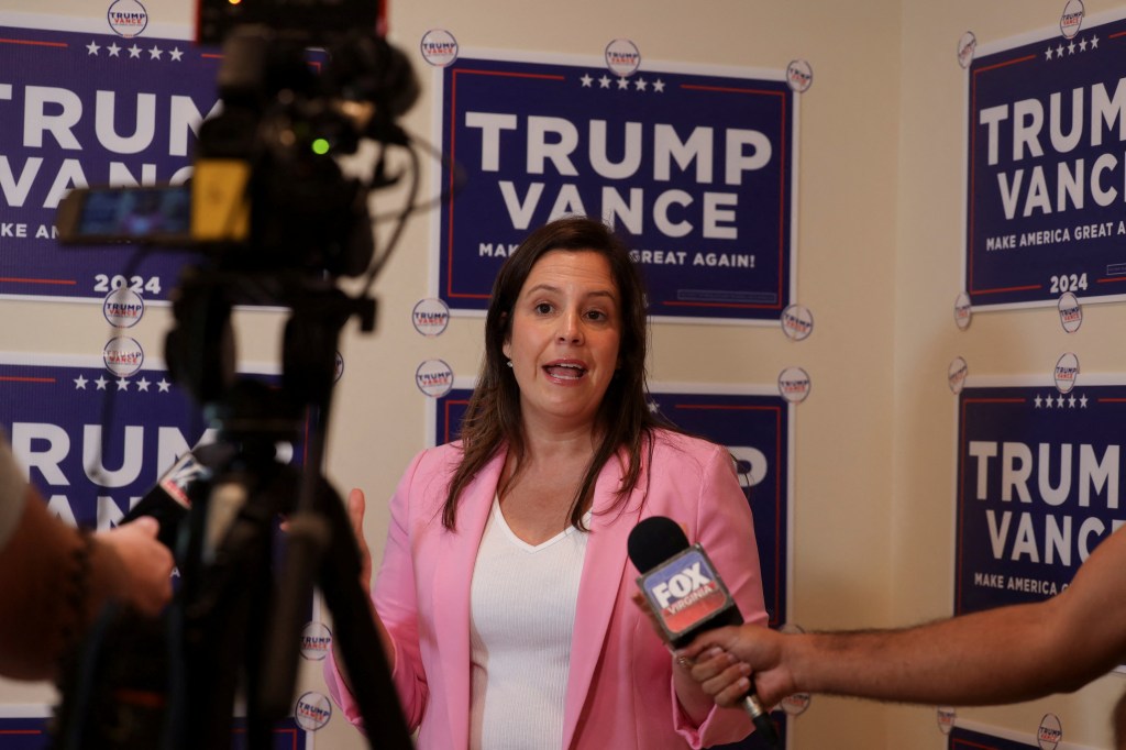 House Republican Conference Chair Elise Stefanik (R-NY) speaks to the media prior to the Women for Trump event in support of Republican presidential nominee and former U.S. President Donald Trump in Charlottesville, Virginia, U.S., September 21, 2024. 