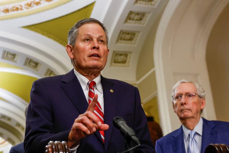 U.S. Senator Steve Daines speaking to reporters next to Senate Minority Leader Mitch McConnell at a Senate caucus luncheon on Capitol Hill, Washington, September 2024