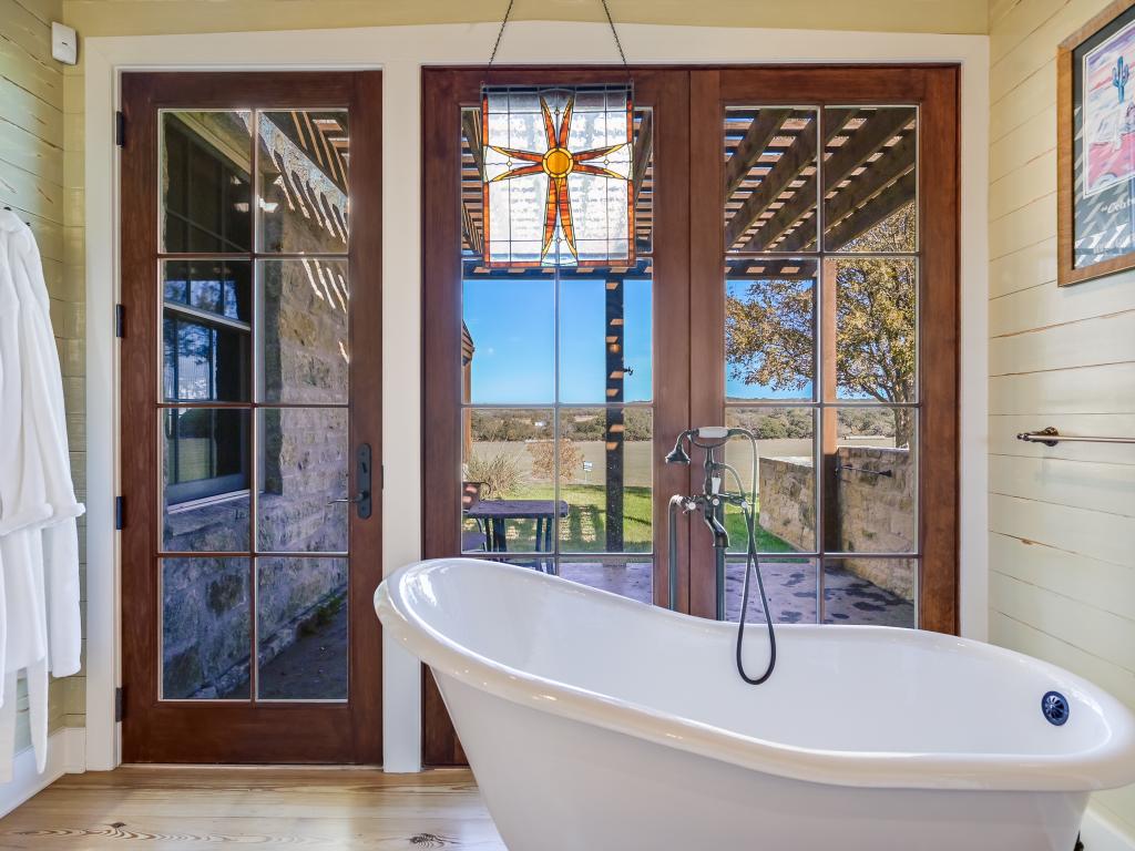 A bathroom with a soaking tub. 