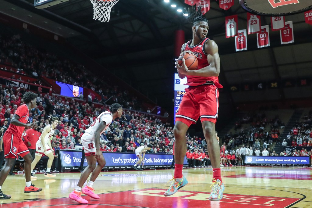 St. John's Red Storm forward Zuby Ejiofor (24) grabs a rebound in the second half against the Rutgers Scarlet Knights