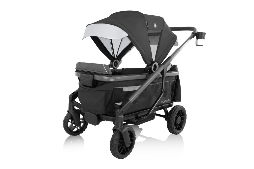 A black and grey baby stroller