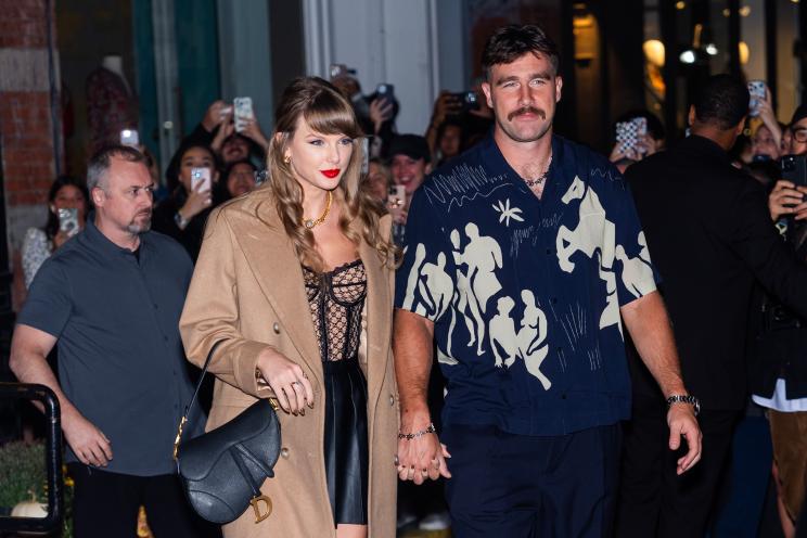 Taylor Swift and Travis Kelce holding hands in SoHo, New York City on October 11, 2024.