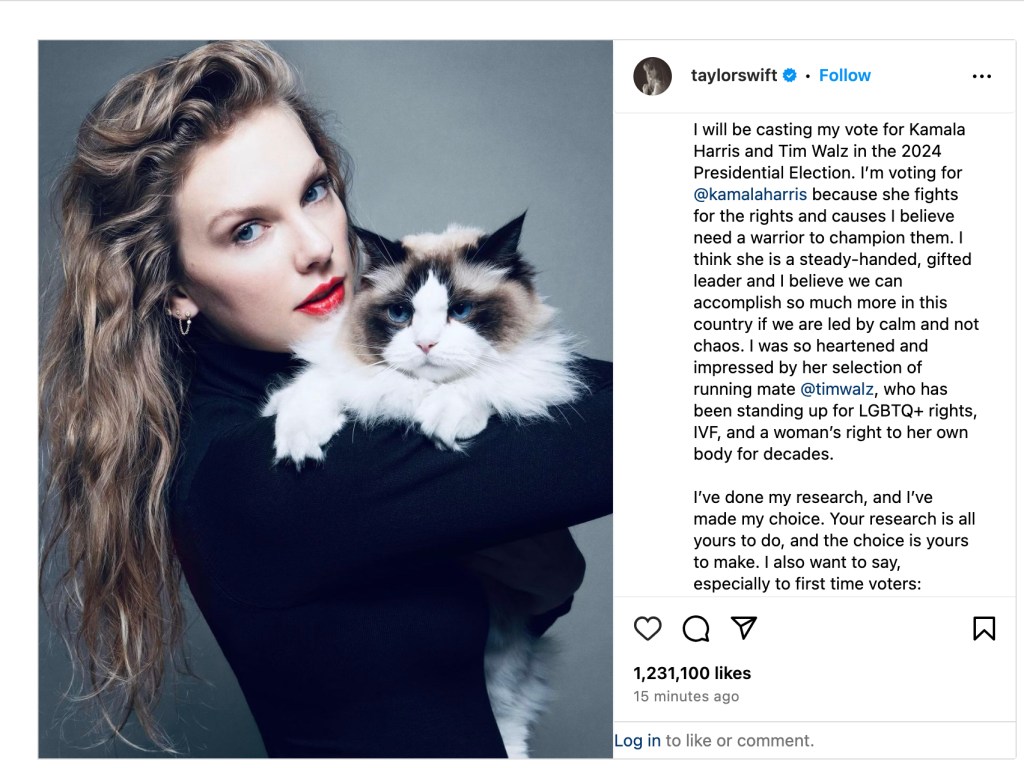 Taylor Swift endorsement of Harris.