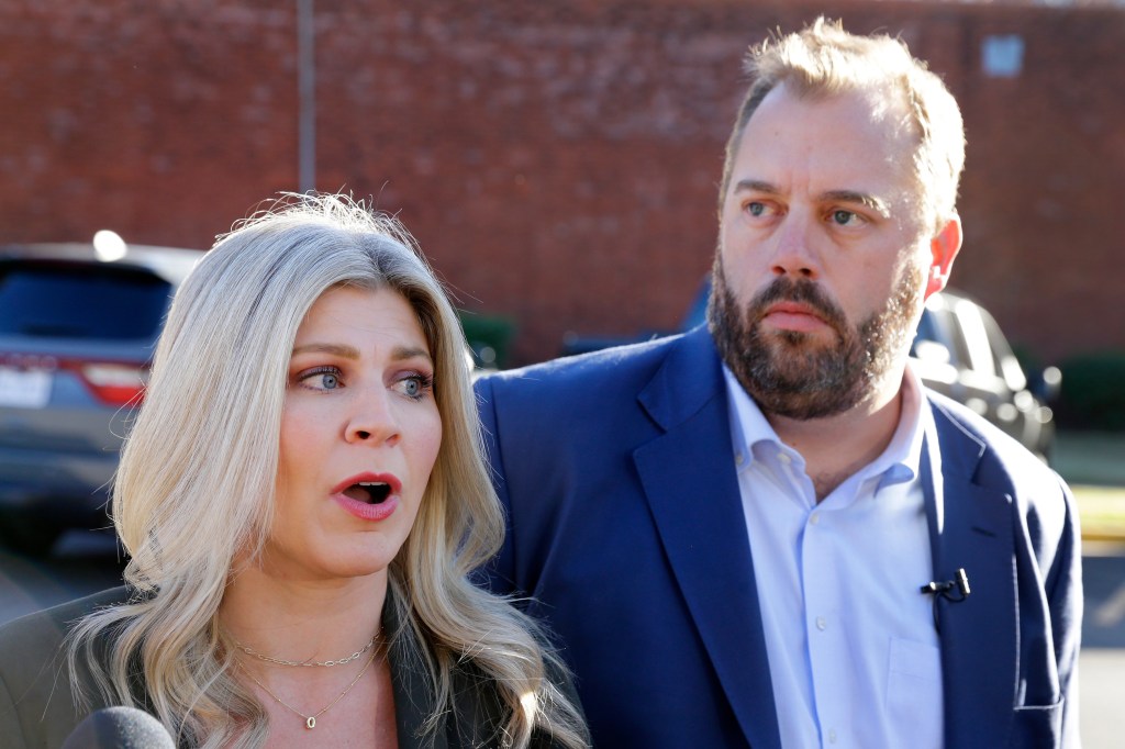 Texas state representatives Lacey Hull and John Bucy III speak to reporters on the pending execution of Robert Roberson during an impromptu press conference on Thursday.