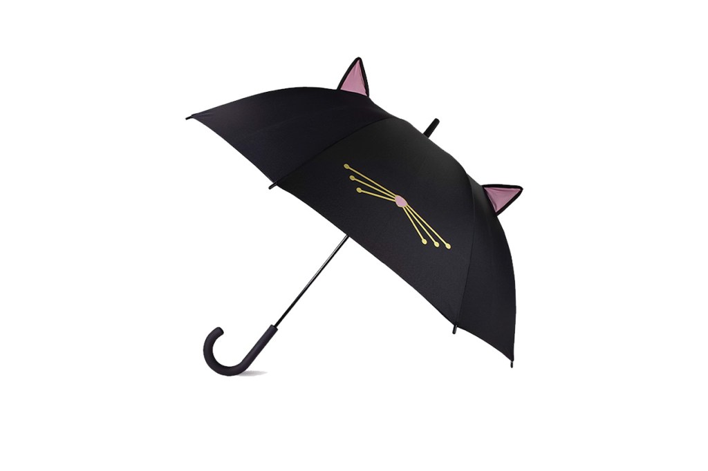 A black umbrella with a cat face design