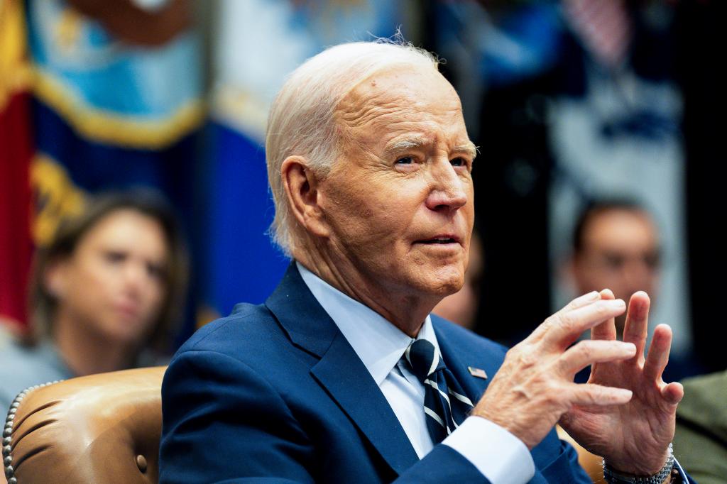 United States President Joe Biden participates in a hurricane briefing in the South Court Auditorium in the Eisenhower Executive Office Building on the White House Campus in Washington, DC.