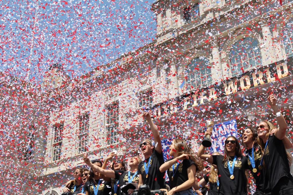 United States Women's National Soccer celebrates their FIFA Women's World Cup soccer championship, during a rally at City Hall Friday, July 10, 2015, in New York. 