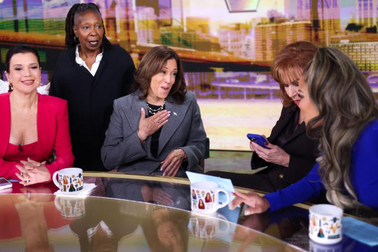 US Vice President Kamala Harris in ABC studio during a break in the recording of 'The View' show, New York, October 8, 2024