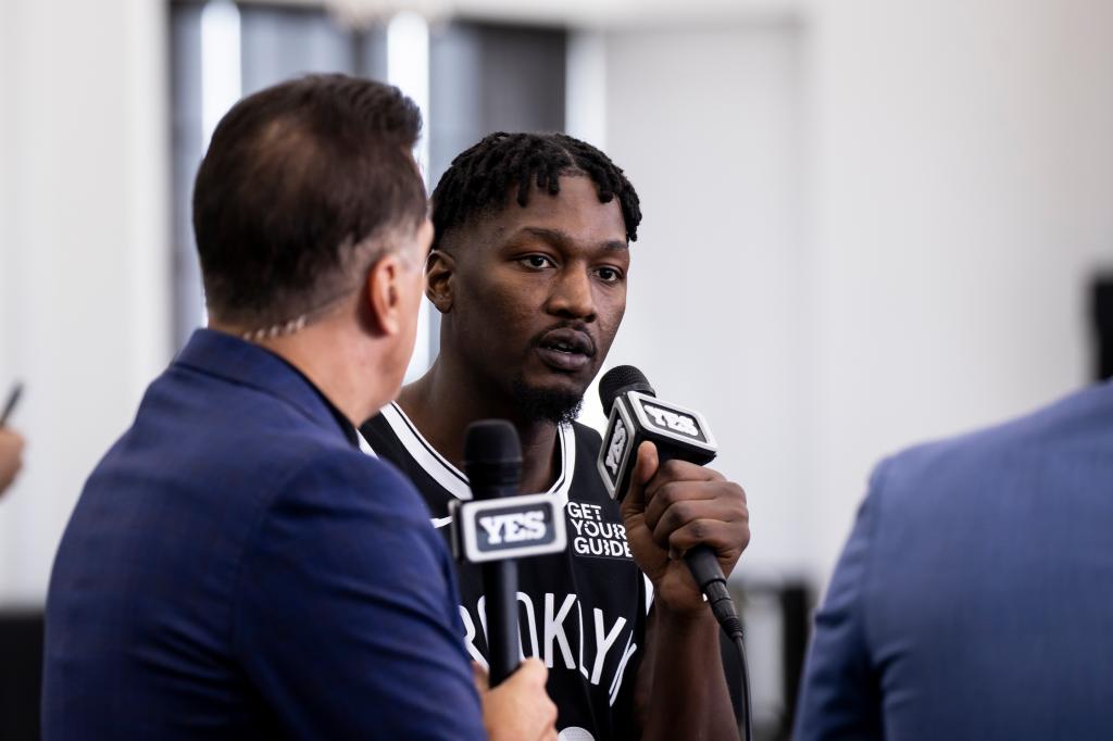 Dorian Finney-Smith #28 of the Brooklyn Nets is interviewed during NBA Media Day at Brooklyn Nets HSS Training Center