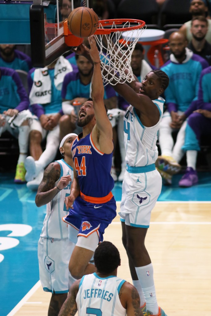 Landry Shamet #44 of the New York Knicks shoots the ball during the game against the Charlotte Hornets