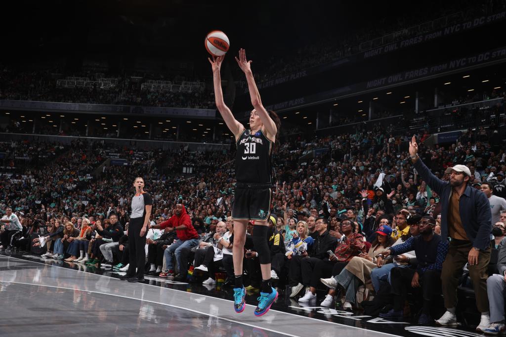 Breanna Stewart #30 of the New York Liberty shoots a three point basket during the game against the Minnesota Lynx during Game 1 of the 2024 WNBA Finals on October 10, 2024 at Barclays Center in Brooklyn, New York. 