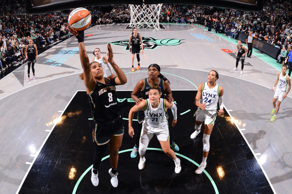 Nyara Sabally (8) of the Liberty puts up a shot during Game 5 of the WNBA Finals against the Lynx on Oct. 20, 2024.