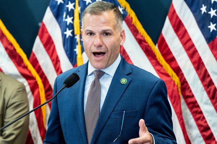 U.S. Representative Marc Molinaro (R-NY) speaking with reporters at a House Republican leadership press conference at the U.S. Capitol.