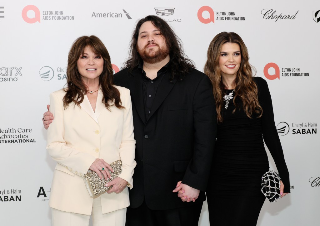 Valerie Bertinelli with Wolfgang Van Halen and Andraia Van Halen at Elton John AIDS Foundation's 32nd Annual Academy Awards Viewing Party in March 2024