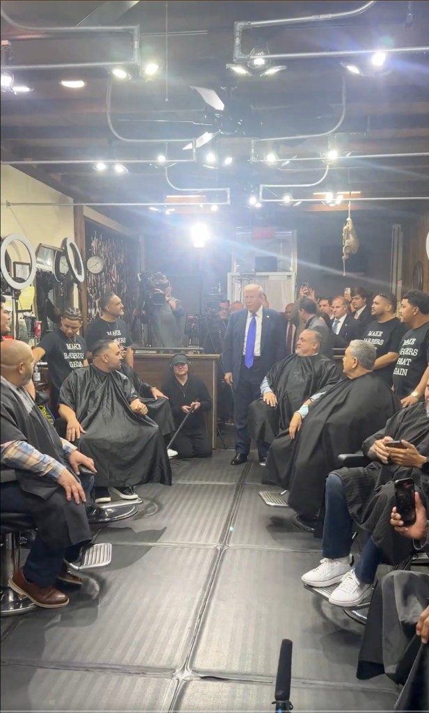 Video grabs of Donald Trump visits Bronx barbershop at 1189 Castle Hill Ave on October 17, 2024.