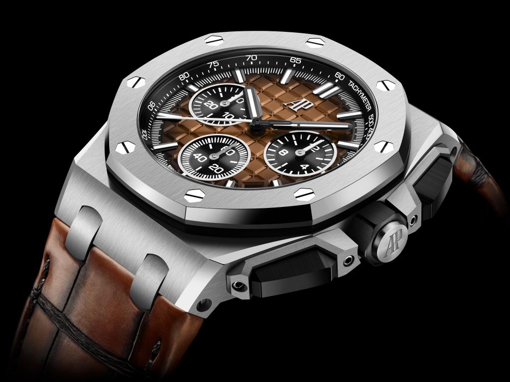 Audemars Piguet Royal Oak Offshore Selfwinding Chronograph stainless steel watch with a brown color scheme, priced at $41,600.