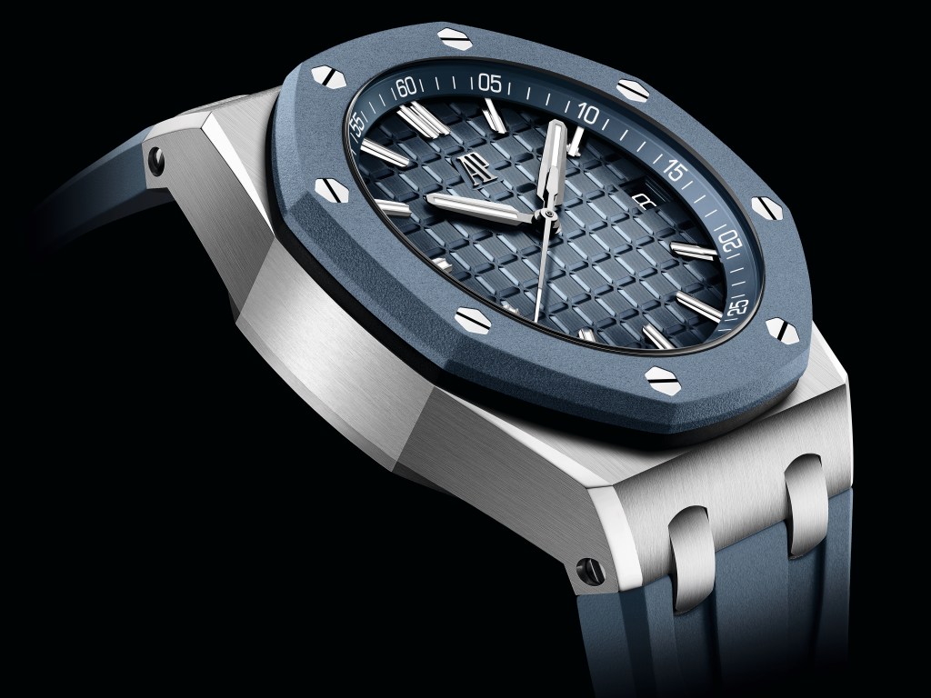 Audemars Piguet Royal Oak Offshore Selfwinding watch in stainless steel with blue details, priced at $27,400 at London Jewelers