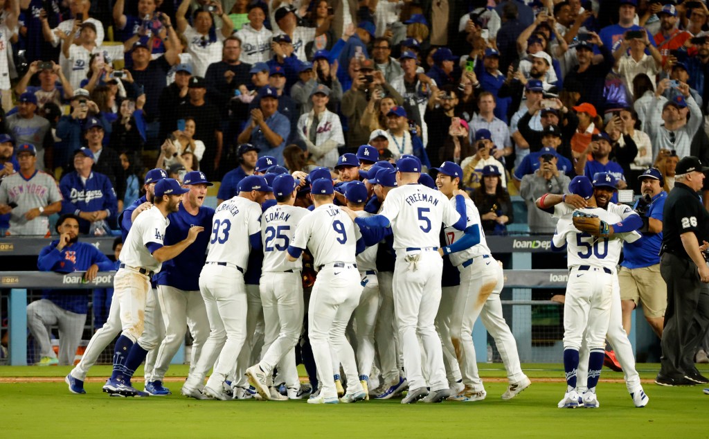 The Dodgers celebrate after their win over the Mets on Oct. 20, 2024.