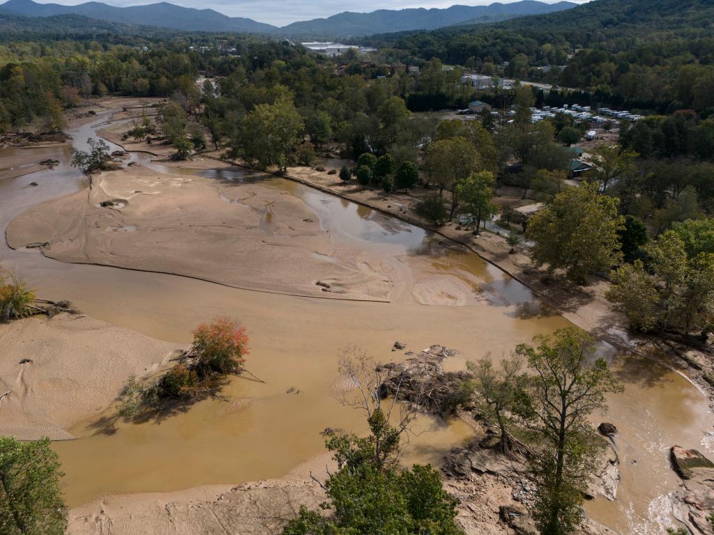 Flooded Swannanoa river in the aftermath of Hurricane Helene, shot on Oct. 1, 2024 in Swannanoa, N.C.