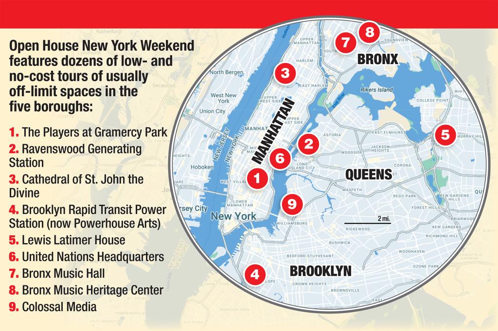 A map of some of the places participating in Open House New York Weekend.