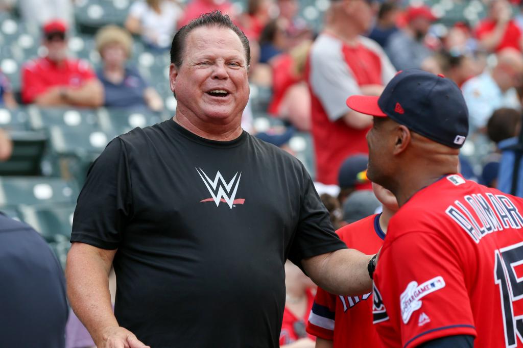 erry The King Lawler talks to Cleveland Indians first base coach Sandy Alomar Jr. (15) prior to the the Major League Baseball game between the Kansas City Royals and Cleveland Indians on July 19, 2019, at Progressive Field in Cleveland, OH. 