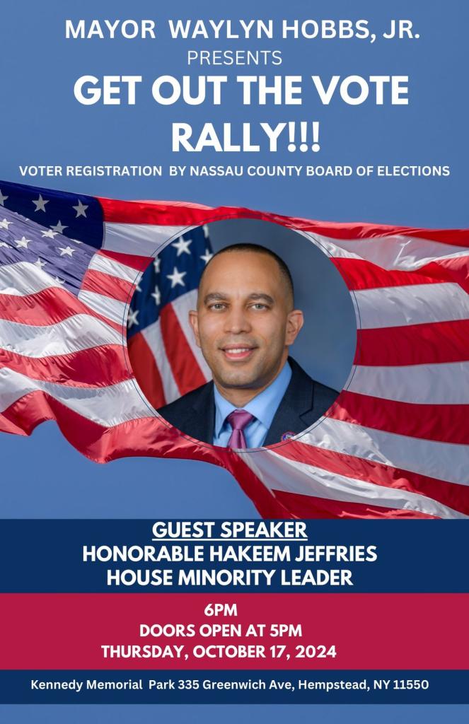 A poster for the "Get Out the Vote" rally in Hempstead featuring Jeffries.