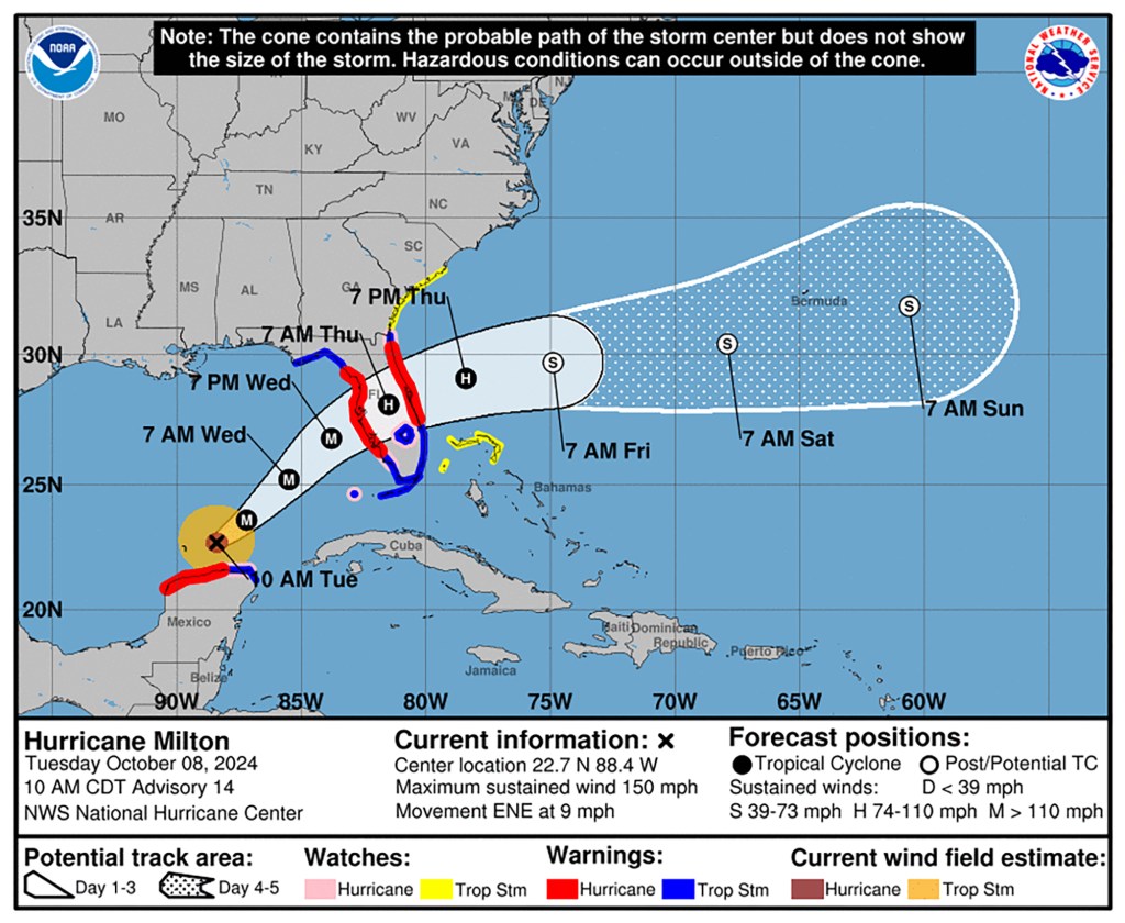 Projected path and map of Hurricane Milton