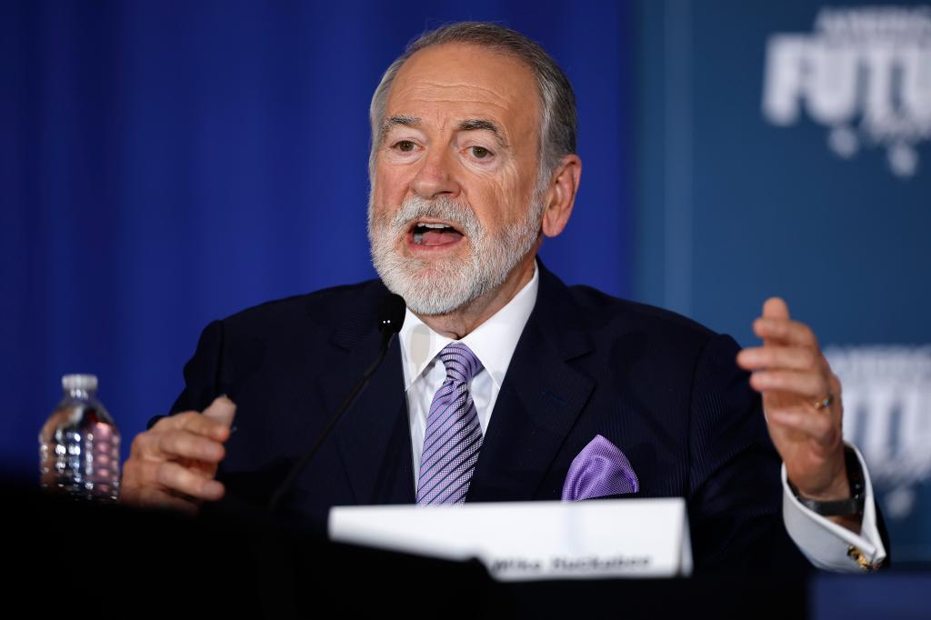 Former Arkansas Governor Mike Huckabee moderates a roundtable discussion with Republican presidential nominee, former U.S. President Donald Trump at the Drexelbrook Catering & Event Center on October 29, 2024 in Drexel Hill, Pennsylvania.