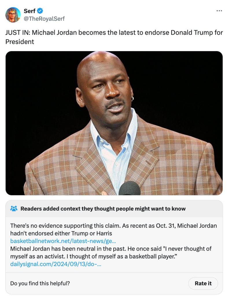 Michael Jordan in a plaid suit denying rumors of endorsing Donald Trump for the 2024 US Presidential election.