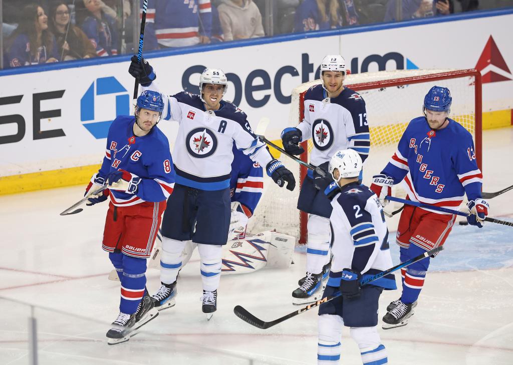 Mark Scheifele of the Winnipeg Jets reacts after he scores a goal pass Igor Shesterkin of the Rangers during the third period.
