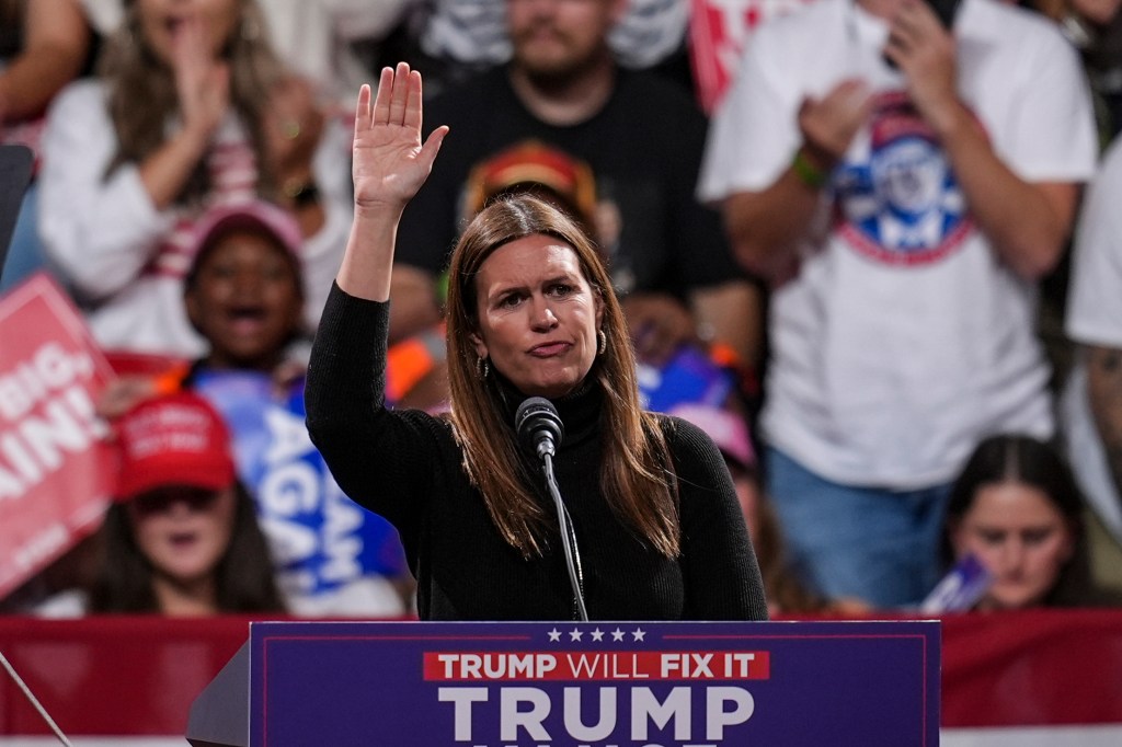 Arkansas Gov. Sarah Huckabee Sanders speaks during a campaign rally at Atrium Health Amphitheater for Republican presidential nominee former President Donald Trump, Sunday, Nov. 3, 2024, in Macon, Ga.