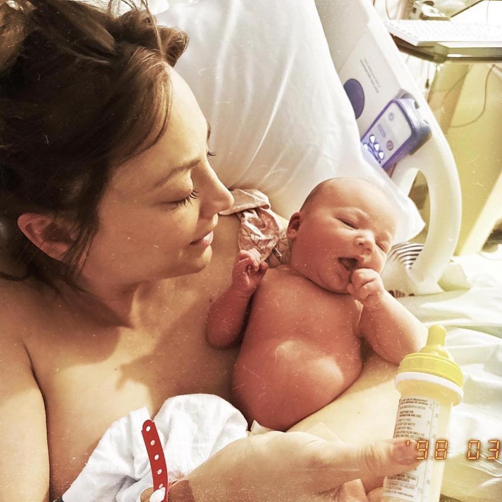 Kaley Cuoco and a newborn Matilda.