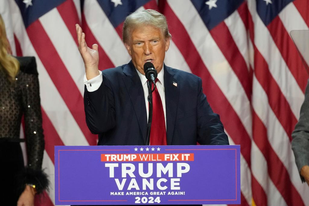 Republican Presidential nominee former President Donald Trump speaks at the Palm Beach County Convention Center during an election night watch party, Wednesday, Nov. 6, 2024, in West Palm Beach, Fla.