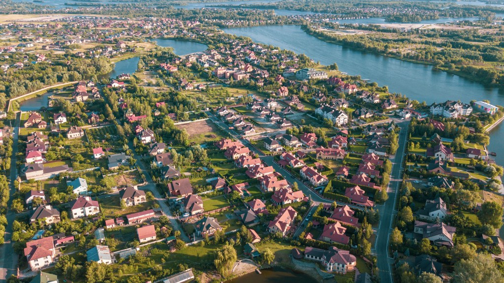 Stock aerial image of a residential neighborhood.