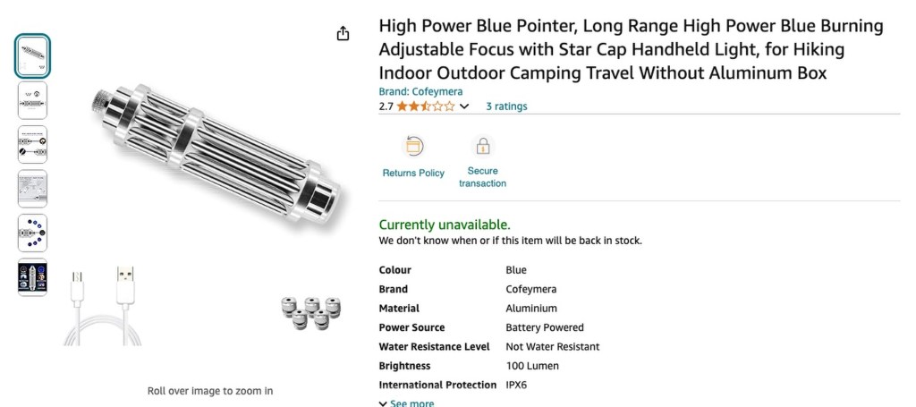 A photo of the Amazon page listing for the laser pointer.