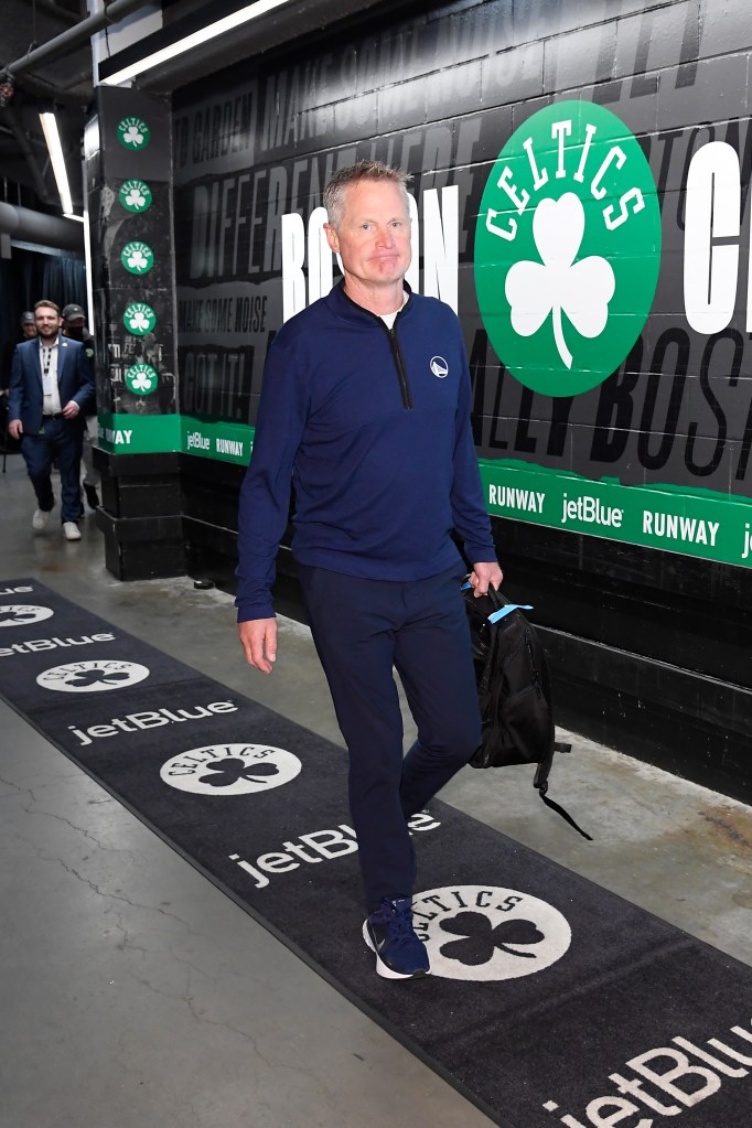 Head Coach Steve Kerr of the Golden State Warriors arrives to the arena before the game against the Boston Celtics on November 6, 2024 at TD Garden in Boston, Massachusetts.  