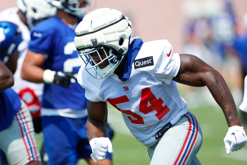 New York Giants linebacker Dyontae Johnson (54) during training camp on Aug. 1, 2024 in East Rutherford, N.J.