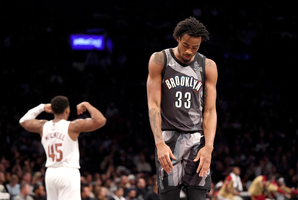 Nic Claxton of the Brooklyn Nets reacting after the Cleveland Cavaliers score during the fourth quarter of a game at Barclays Center
