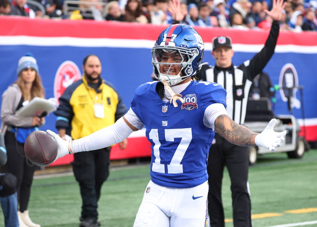 Giants wide receiver Wan'Dale Robinson (17) reacts after he scores a touchdown during the first half against the Colts on Dec. 29, 2024.