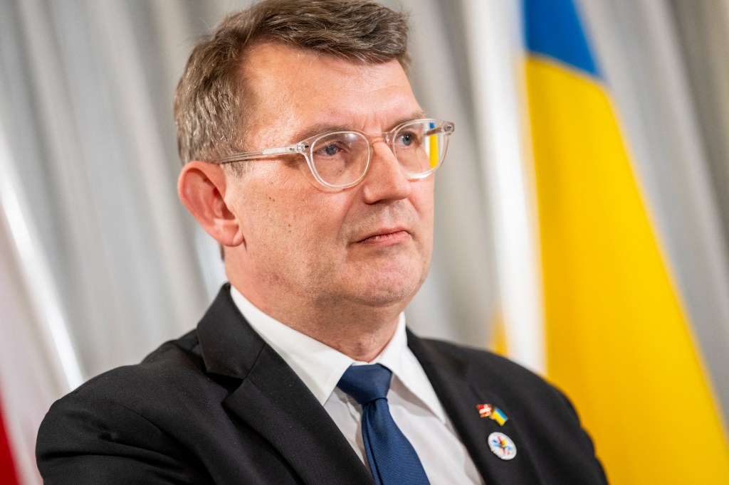 Denmark's Minister of Defence Troels Lund Poulsen at a press conference with the Ukrainian Minister of Defence in Copenhagen, discussing increased support for Ukraine.