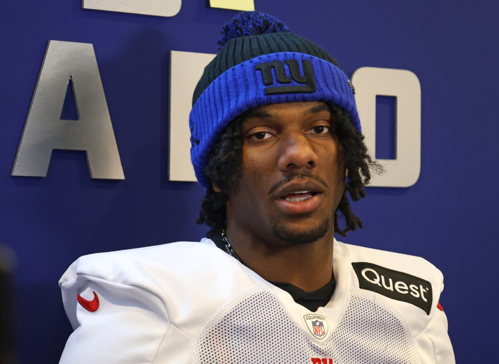 Malik Nabers addresses reporters on Dec. 18.
